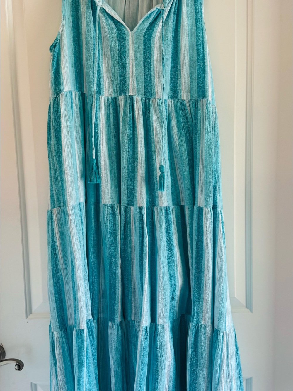 Tuckernuck Salty Paloma Aquamarine Stripe Tiered Caftan Maxi Dress XS Cotton - Picture 2 of 9